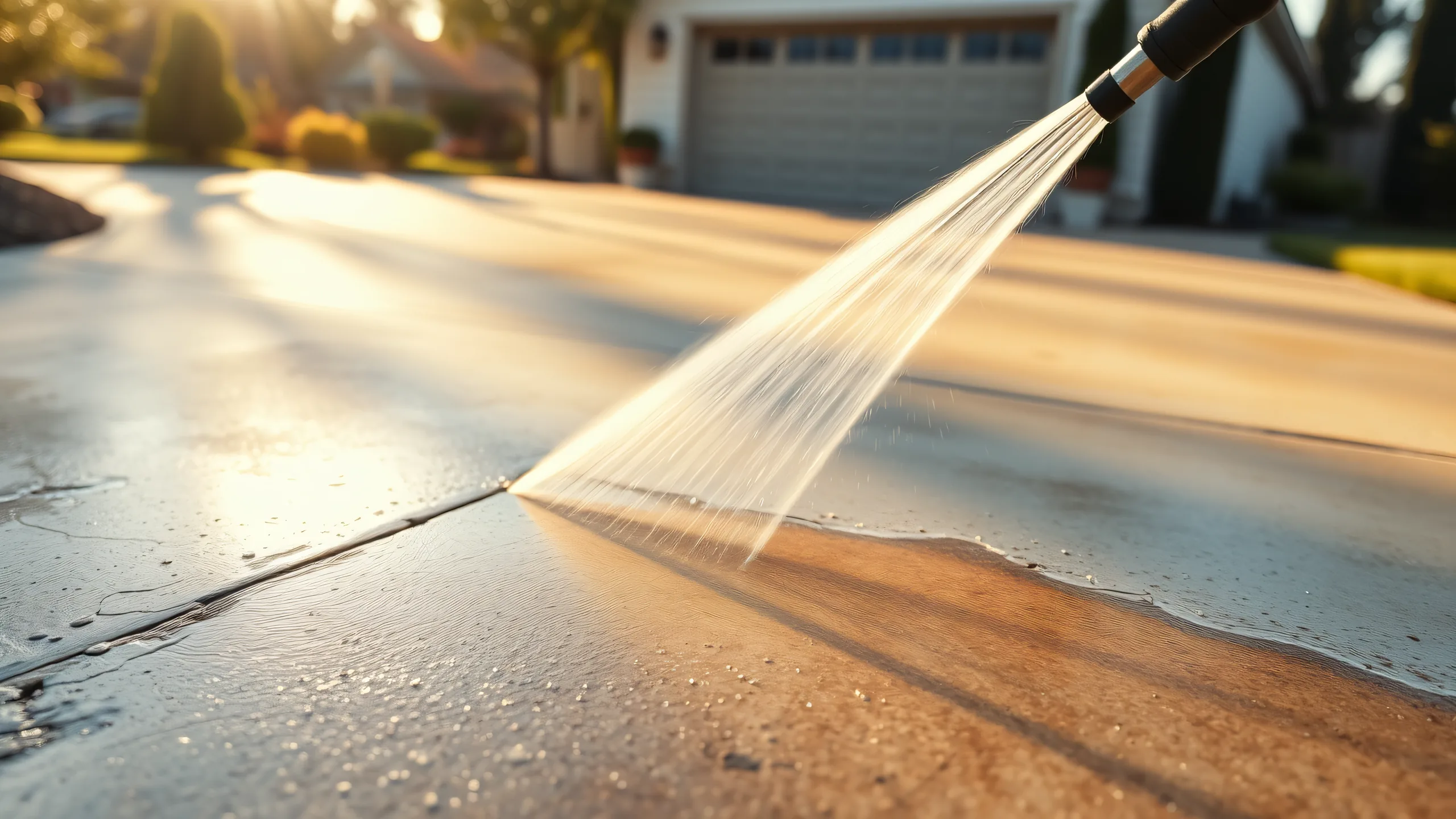 Pressure washing a concrete driveway, lifting grime to leave a clean strip